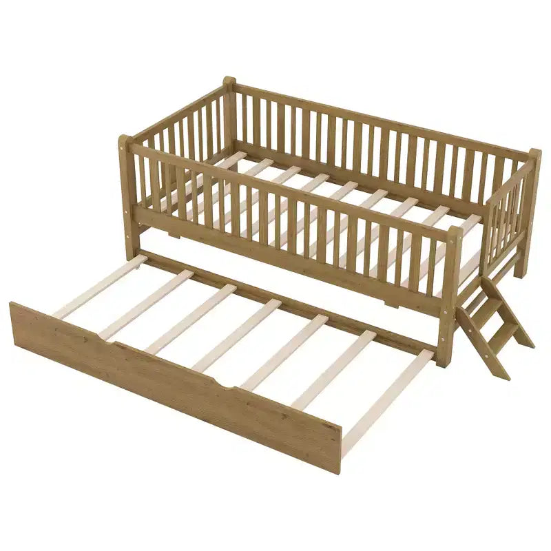 Cadre de lit simple avec lit gigogne et barrière de sécurité, lit bas avec escaliers pour garçons et filles