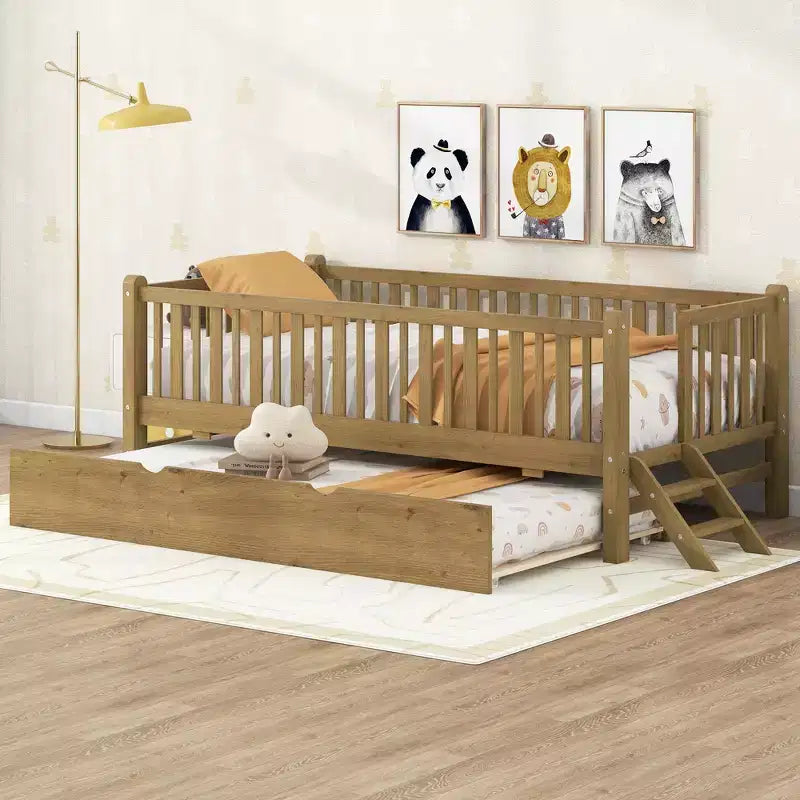 Twin Size Bed Frame with Trundle & Guardrail, Low Profile Platform Bed with Stairs for Boys and Girls