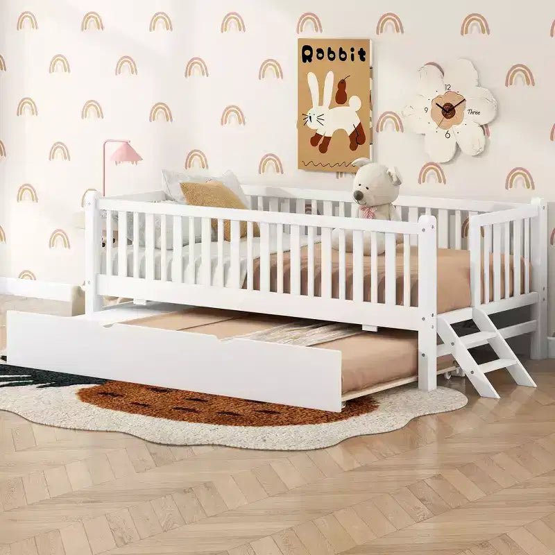 Cadre de lit simple avec lit gigogne et barrière de sécurité, lit bas avec escaliers pour garçons et filles