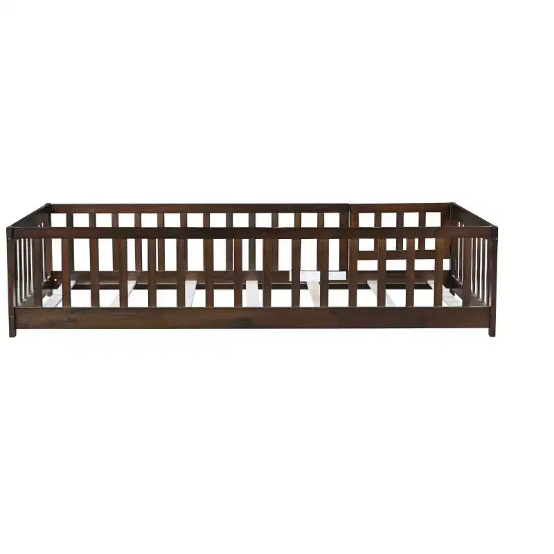 Lit jumeau au sol avec clôture et porte, cadre de lit Montessori bas pour enfants, bois d'hévéa, barrières de sécurité, assemblage facile