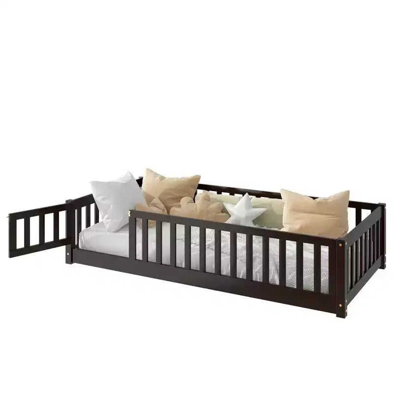 Lit jumeau au sol avec clôture et porte, cadre de lit Montessori bas pour enfants, bois d'hévéa, barrières de sécurité, assemblage facile