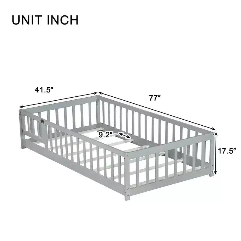 Lit jumeau au sol avec clôture et porte, cadre de lit Montessori bas pour enfants, bois d'hévéa, barrières de sécurité, assemblage facile