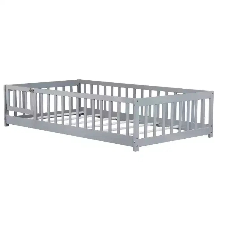 Lit jumeau au sol avec clôture et porte, cadre de lit Montessori bas pour enfants, bois d'hévéa, barrières de sécurité, assemblage facile