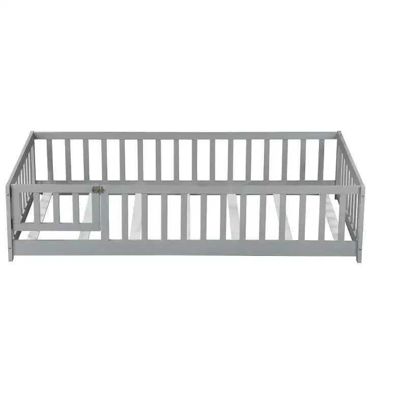Lit jumeau au sol avec clôture et porte, cadre de lit Montessori bas pour enfants, bois d'hévéa, barrières de sécurité, assemblage facile