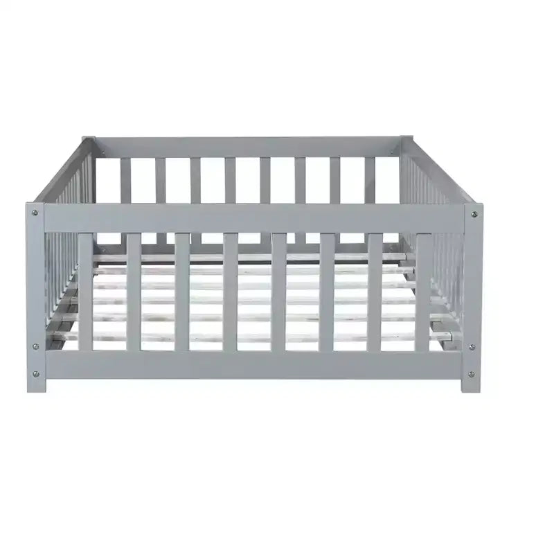 Lit jumeau au sol avec clôture et porte, cadre de lit Montessori bas pour enfants, bois d'hévéa, barrières de sécurité, assemblage facile