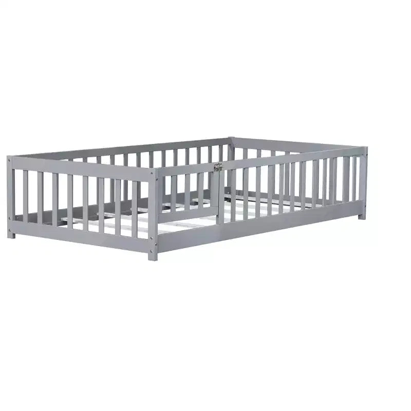 Lit jumeau au sol avec clôture et porte, cadre de lit Montessori bas pour enfants, bois d'hévéa, barrières de sécurité, assemblage facile