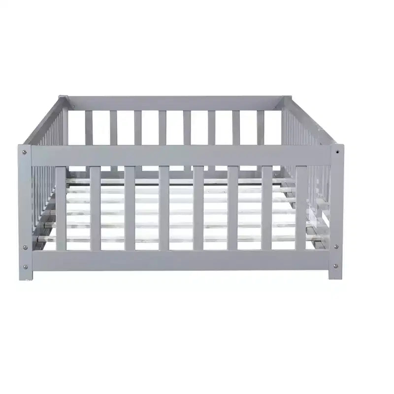 Lit jumeau au sol avec clôture et porte, cadre de lit Montessori bas pour enfants, bois d'hévéa, barrières de sécurité, assemblage facile