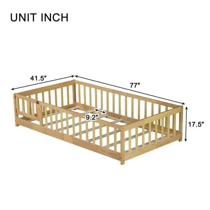 Lit jumeau au sol avec clôture et porte, cadre de lit Montessori bas pour enfants, bois d'hévéa, barrières de sécurité, assemblage facile