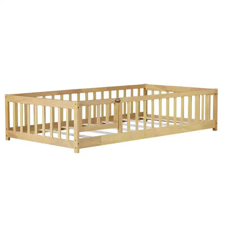 Lit jumeau au sol avec clôture et porte, cadre de lit Montessori bas pour enfants, bois d'hévéa, barrières de sécurité, assemblage facile