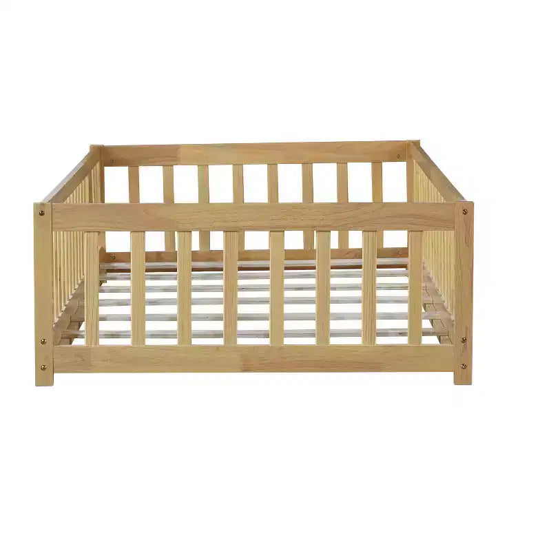 Lit jumeau au sol avec clôture et porte, cadre de lit Montessori bas pour enfants, bois d'hévéa, barrières de sécurité, assemblage facile