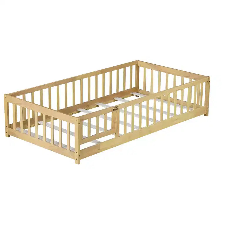 Lit jumeau au sol avec clôture et porte, cadre de lit Montessori bas pour enfants, bois d'hévéa, barrières de sécurité, assemblage facile