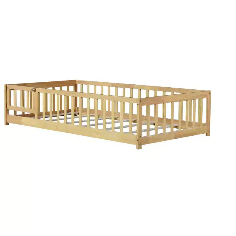 Lit jumeau au sol avec clôture et porte, cadre de lit Montessori bas pour enfants, bois d'hévéa, barrières de sécurité, assemblage facile