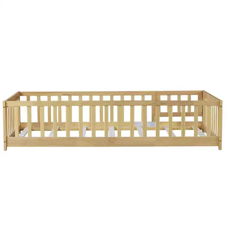 Lit jumeau au sol avec clôture et porte, cadre de lit Montessori bas pour enfants, bois d'hévéa, barrières de sécurité, assemblage facile