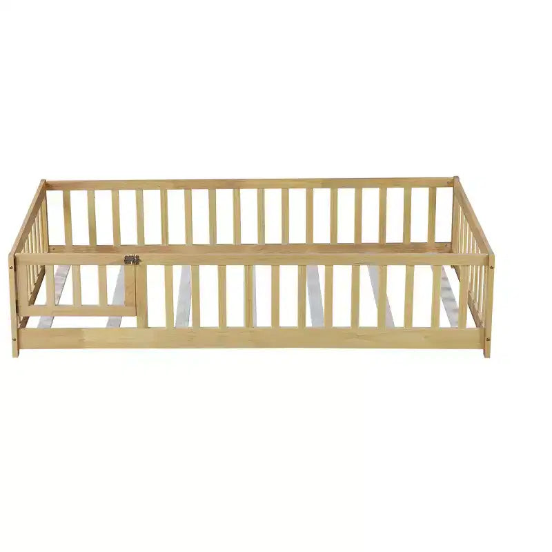 Lit jumeau au sol avec clôture et porte, cadre de lit Montessori bas pour enfants, bois d'hévéa, barrières de sécurité, assemblage facile