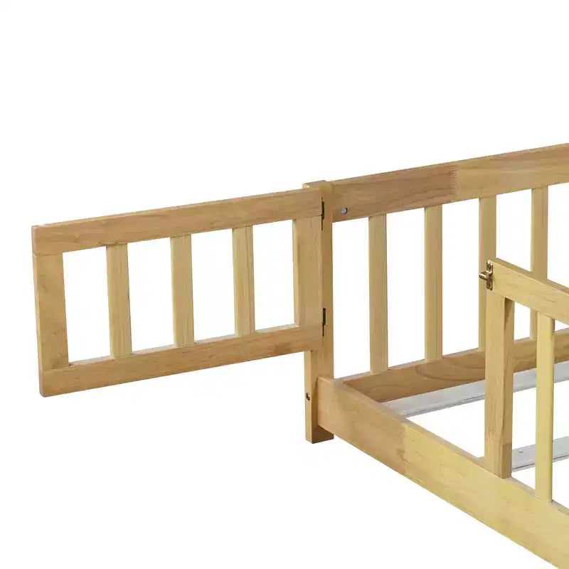 Lit jumeau au sol avec clôture et porte, cadre de lit Montessori bas pour enfants, bois d'hévéa, barrières de sécurité, assemblage facile