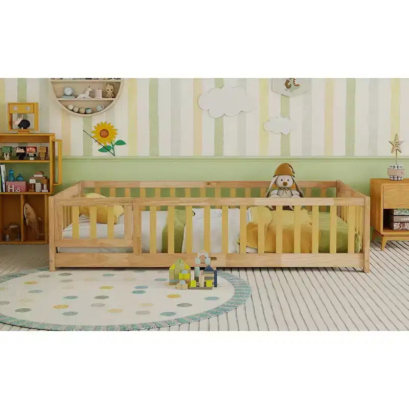 Lit jumeau au sol avec clôture et porte, cadre de lit Montessori bas pour enfants, bois d'hévéa, barrières de sécurité, assemblage facile
