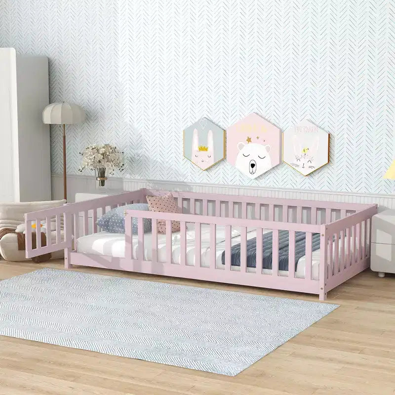 Lit jumeau au sol avec clôture et porte, cadre de lit Montessori bas pour enfants, bois d'hévéa, barrières de sécurité, assemblage facile