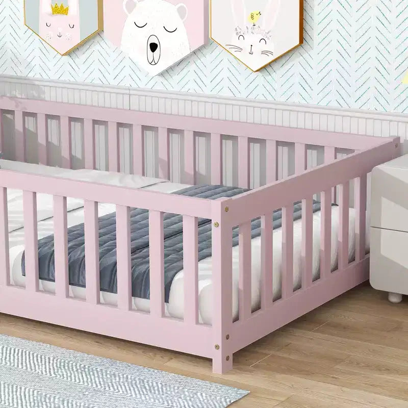Lit jumeau au sol avec clôture et porte, cadre de lit Montessori bas pour enfants, bois d'hévéa, barrières de sécurité, assemblage facile