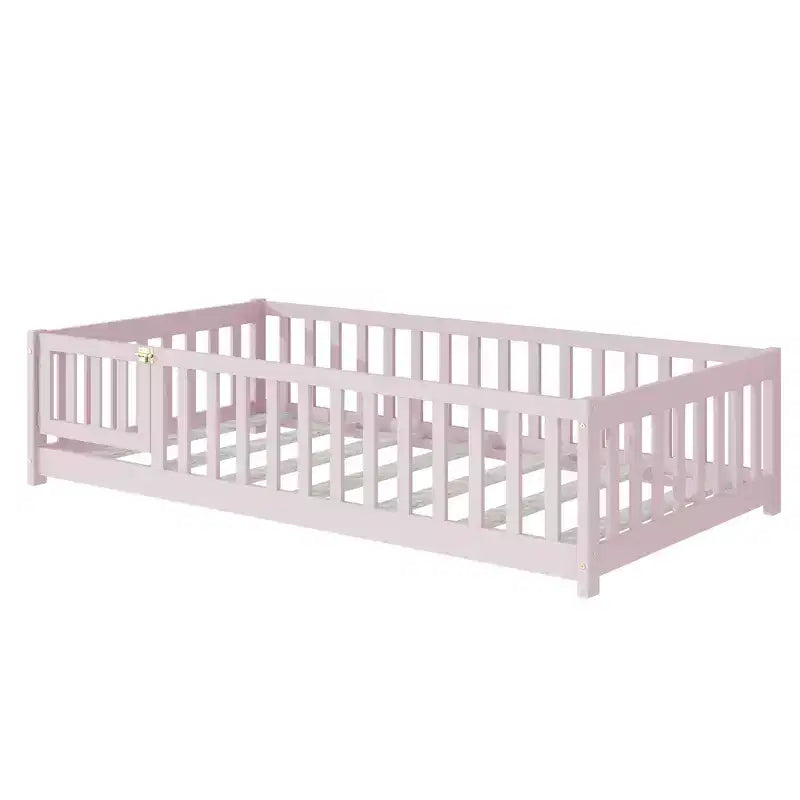 Lit jumeau au sol avec clôture et porte, cadre de lit Montessori bas pour enfants, bois d'hévéa, barrières de sécurité, assemblage facile
