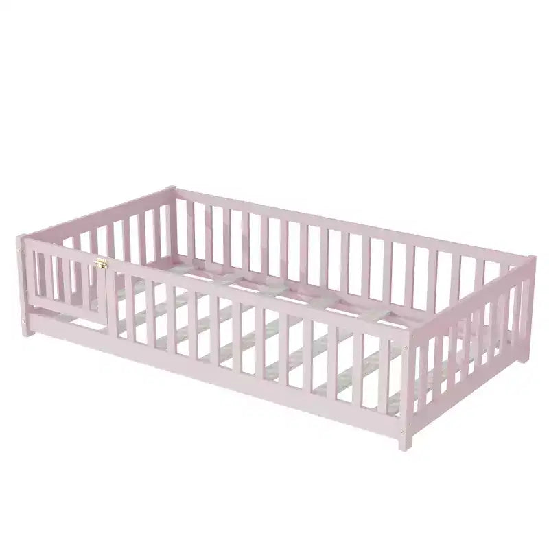 Lit jumeau au sol avec clôture et porte, cadre de lit Montessori bas pour enfants, bois d'hévéa, barrières de sécurité, assemblage facile