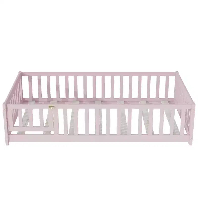 Lit jumeau au sol avec clôture et porte, cadre de lit Montessori bas pour enfants, bois d'hévéa, barrières de sécurité, assemblage facile