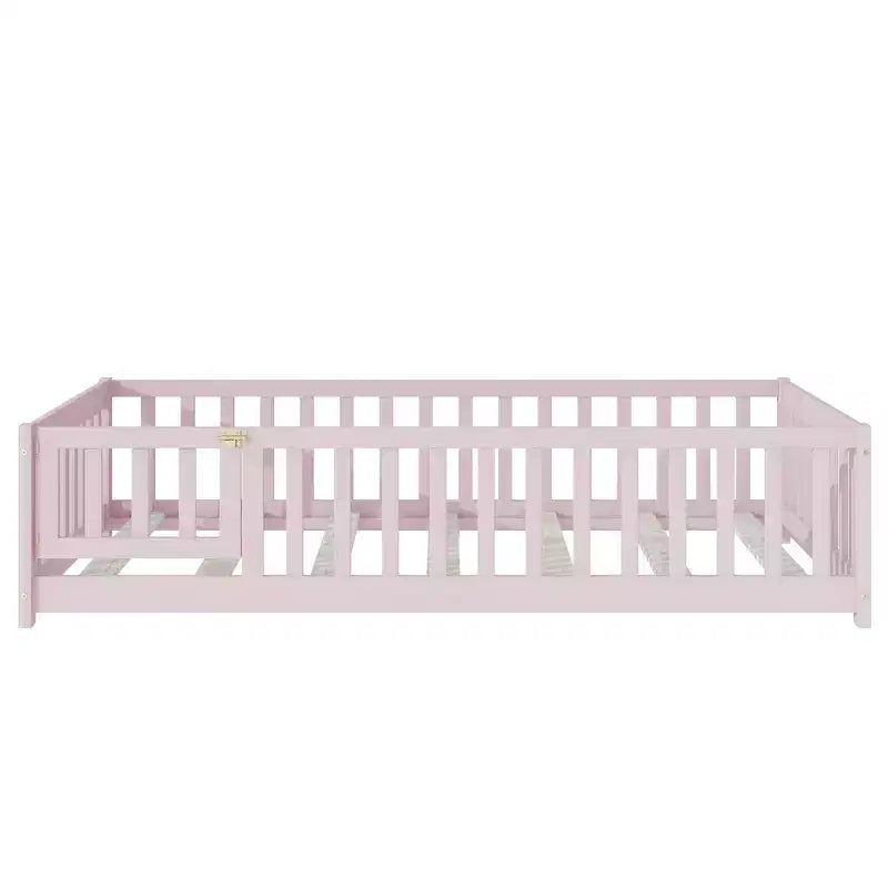 Lit jumeau au sol avec clôture et porte, cadre de lit Montessori bas pour enfants, bois d'hévéa, barrières de sécurité, assemblage facile