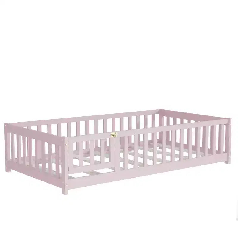 Lit jumeau au sol avec clôture et porte, cadre de lit Montessori bas pour enfants, bois d'hévéa, barrières de sécurité, assemblage facile