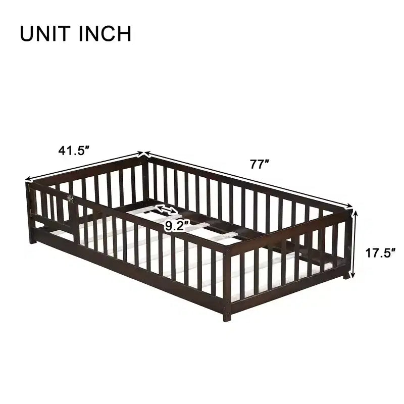 Lit jumeau au sol avec clôture et porte, cadre de lit Montessori bas pour enfants, bois d'hévéa, barrières de sécurité, assemblage facile