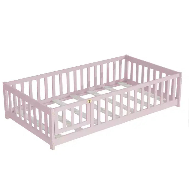 Lit jumeau au sol avec clôture et porte, cadre de lit Montessori bas pour enfants, bois d'hévéa, barrières de sécurité, assemblage facile