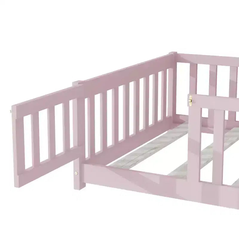 Lit jumeau au sol avec clôture et porte, cadre de lit Montessori bas pour enfants, bois d'hévéa, barrières de sécurité, assemblage facile