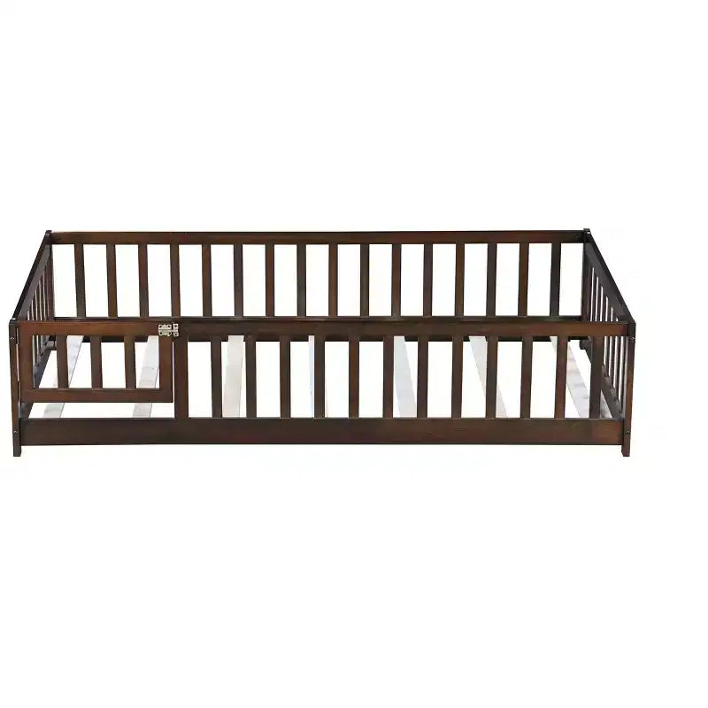 Lit jumeau au sol avec clôture et porte, cadre de lit Montessori bas pour enfants, bois d'hévéa, barrières de sécurité, assemblage facile