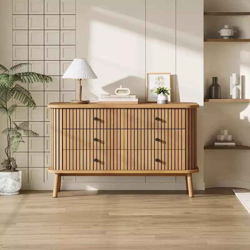 Commode double bohème à 6 tiroirs avec poignées noires, rangement en bois naturel pour chambre à coucher, salon et