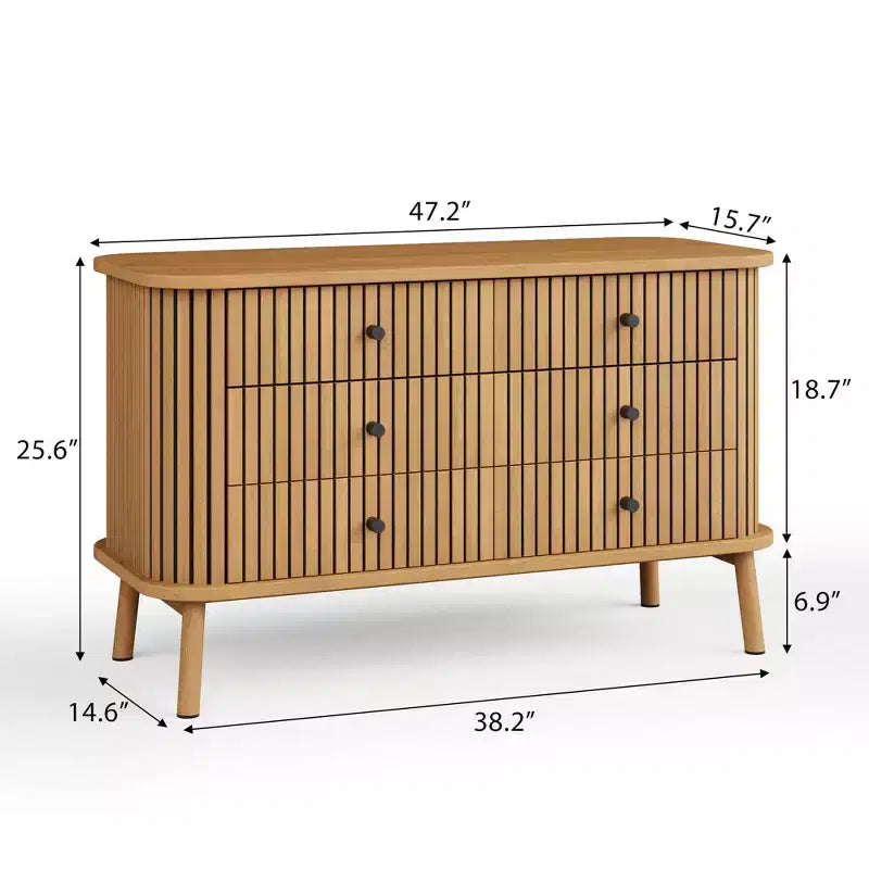 Commode double bohème à 6 tiroirs avec poignées noires, rangement en bois naturel pour chambre à coucher, salon et
