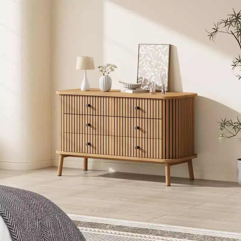 Commode double bohème à 6 tiroirs avec poignées noires, rangement en bois naturel pour chambre à coucher, salon et