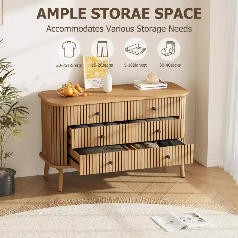 Commode double bohème à 6 tiroirs avec poignées noires, rangement en bois naturel pour chambre à coucher, salon et