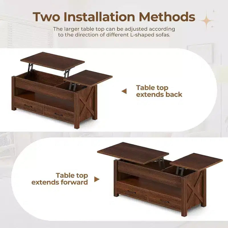 Table de bureau à double réglage de 47 pouces, marron, avec tiroirs de rangement ; table de canapé réglable de type fendu avec dissimulé.
