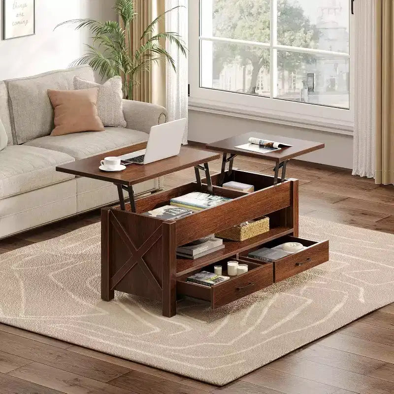 Table de bureau à double réglage de 47 pouces, marron, avec tiroirs de rangement ; table de canapé réglable de type fendu avec dissimulé.