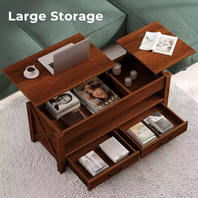 Table de bureau à double réglage de 47 pouces, marron, avec tiroirs de rangement ; table de canapé réglable de type fendu avec dissimulé.