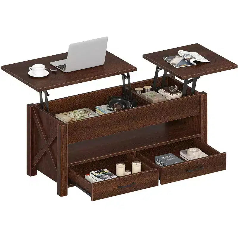 Table de bureau à double réglage de 47 pouces, marron, avec tiroirs de rangement ; table de canapé réglable de type fendu avec dissimulé.