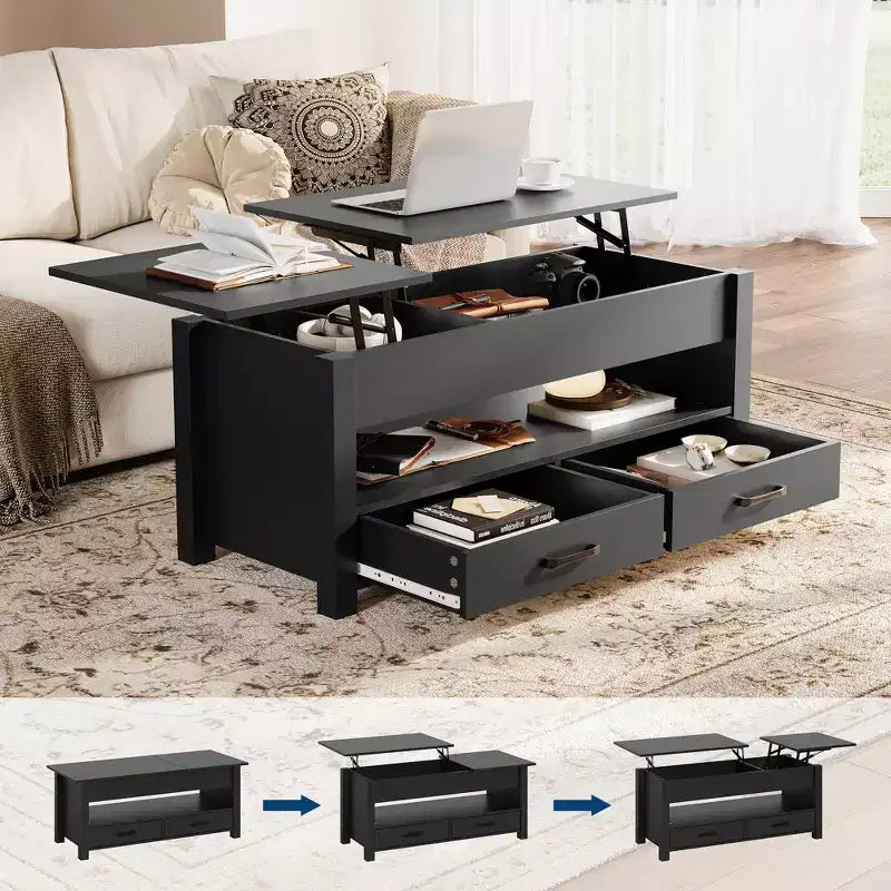 Table de bureau à double réglage de 47 pouces, marron, avec tiroirs de rangement ; table de canapé réglable de type fendu avec dissimulé.