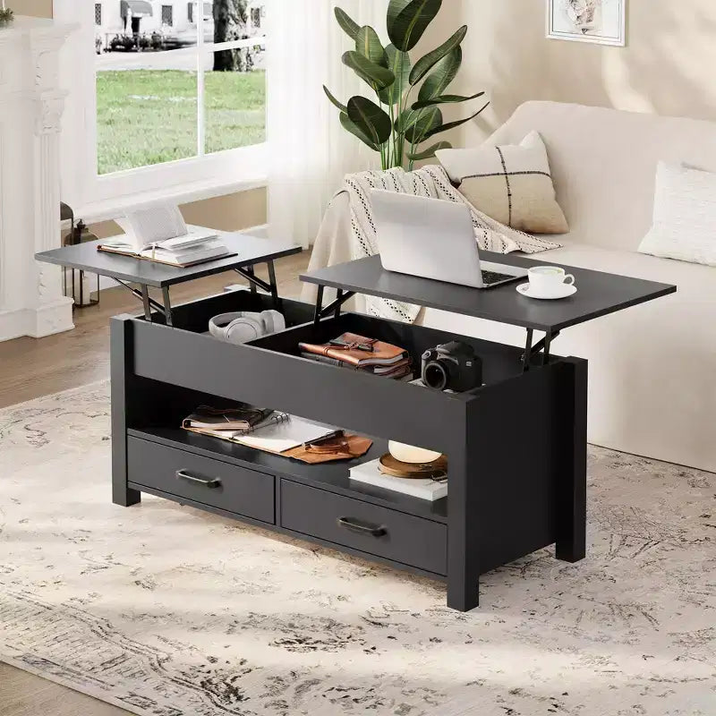 Table de bureau à double réglage de 47 pouces, marron, avec tiroirs de rangement ; table de canapé réglable de type fendu avec dissimulé.