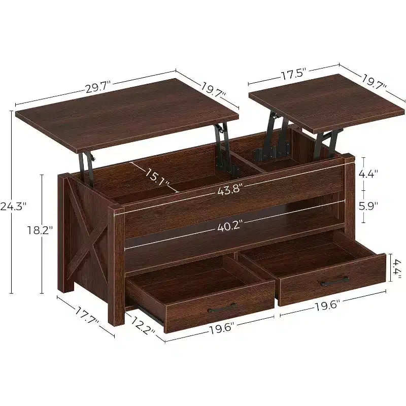Table de bureau à double réglage de 47 pouces, marron, avec tiroirs de rangement ; table de canapé réglable de type fendu avec dissimulé.