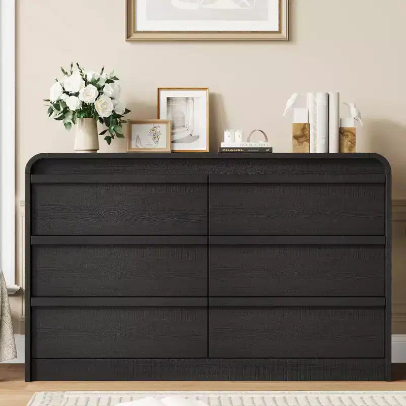 Commode de salle à manger à 6 tiroirs, style arc moderne - 47 de large, en bois noir - Bords incurvés - Grand rangement pour salle à manger, chambre, salon