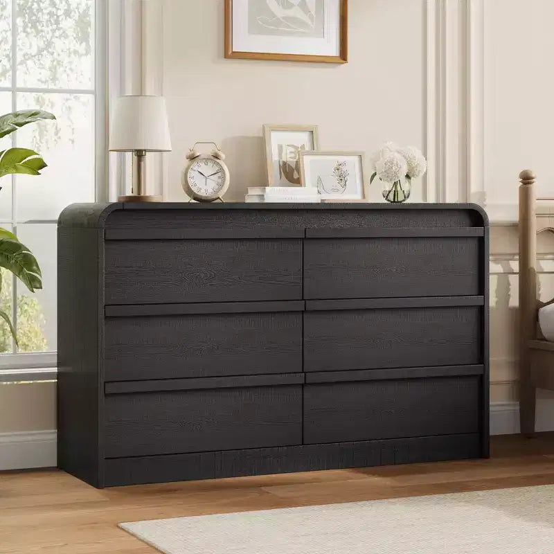 Commode de salle à manger à 6 tiroirs, style arc moderne - 47 de large, en bois noir - Bords incurvés - Grand rangement pour salle à manger, chambre, salon