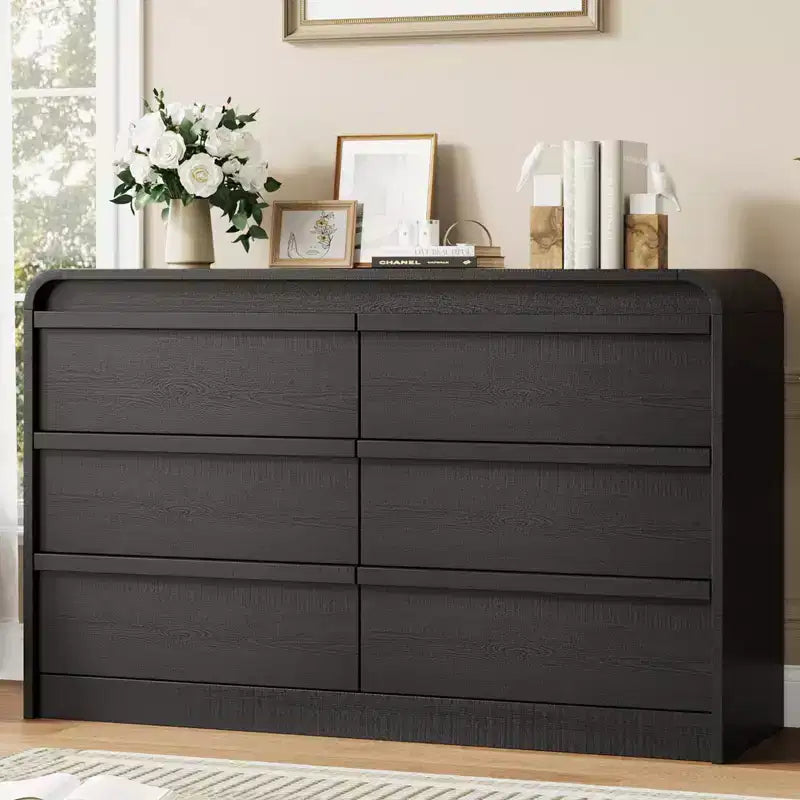 Commode de salle à manger à 6 tiroirs, style arc moderne - 47 de large, en bois noir - Bords incurvés - Grand rangement pour salle à manger, chambre, salon