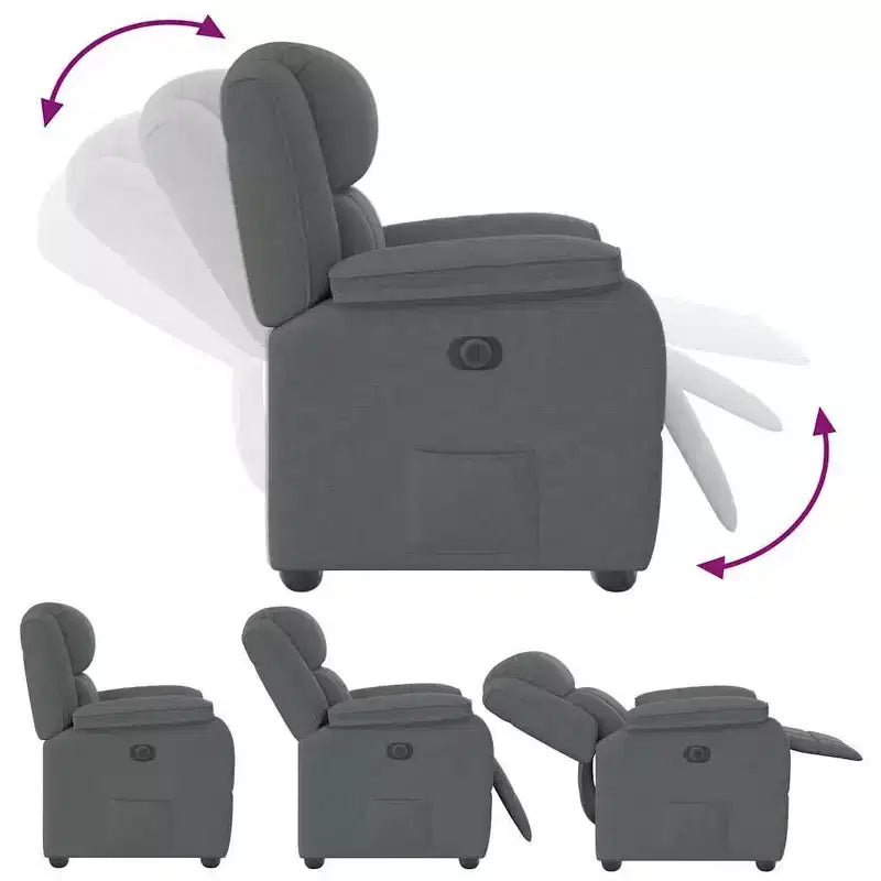 Fauteuil inclinable électrique avec fonction massage 6 points, tissu polyester gris foncé, accoudoirs réglables et pochette latérale pour salon