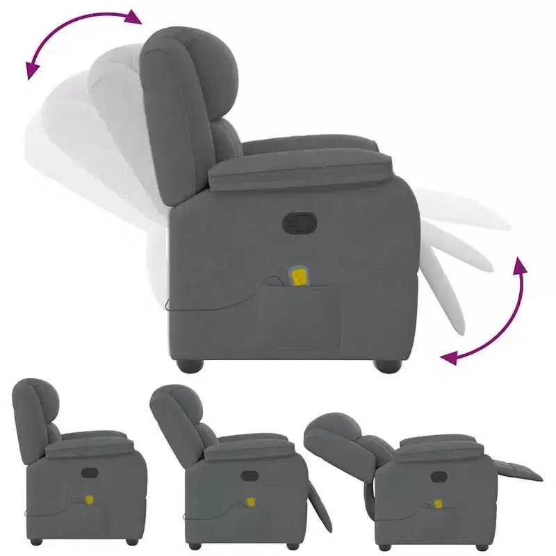 Fauteuil inclinable électrique avec fonction massage 6 points, tissu polyester gris foncé, accoudoirs réglables et pochette latérale pour salon