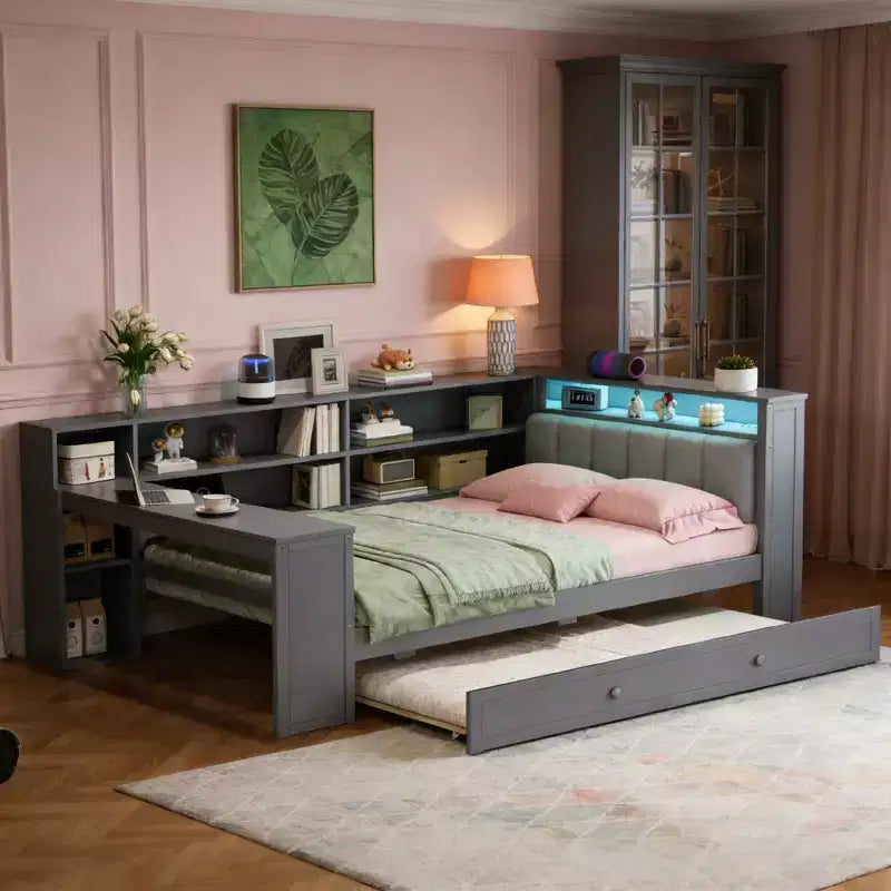 Lit simple en bois avec 8 rangements, lit gigogne et bureau