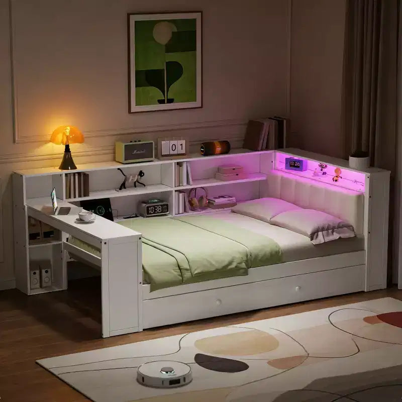 Lit simple en bois avec 8 rangements, lit gigogne et bureau