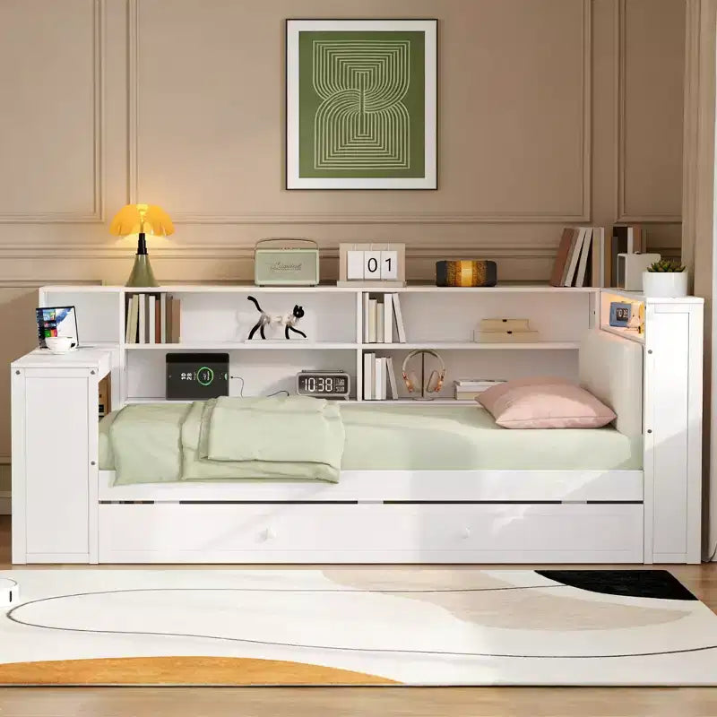 Lit simple en bois avec 8 rangements, lit gigogne et bureau